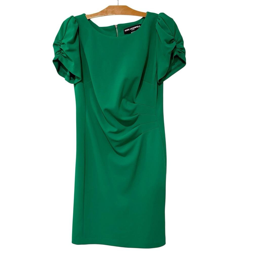 Karl Lagerfeld Paris | Green Sheath Dress Puff Sleeve Ruched Women's Size 8